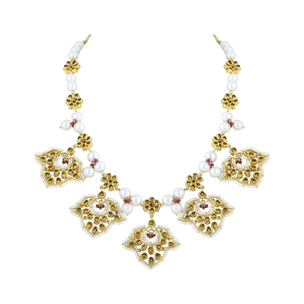 Polki Necklace with Red Floral Motifs & Pearls